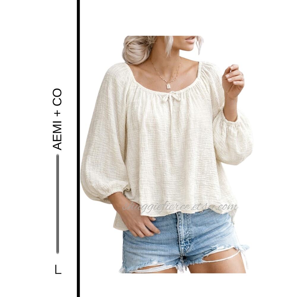 MSRP: $69 ✨ AEMI + CO Square Neck Cotton Gauze Blouse – Size L | Balloon Sleeve✨